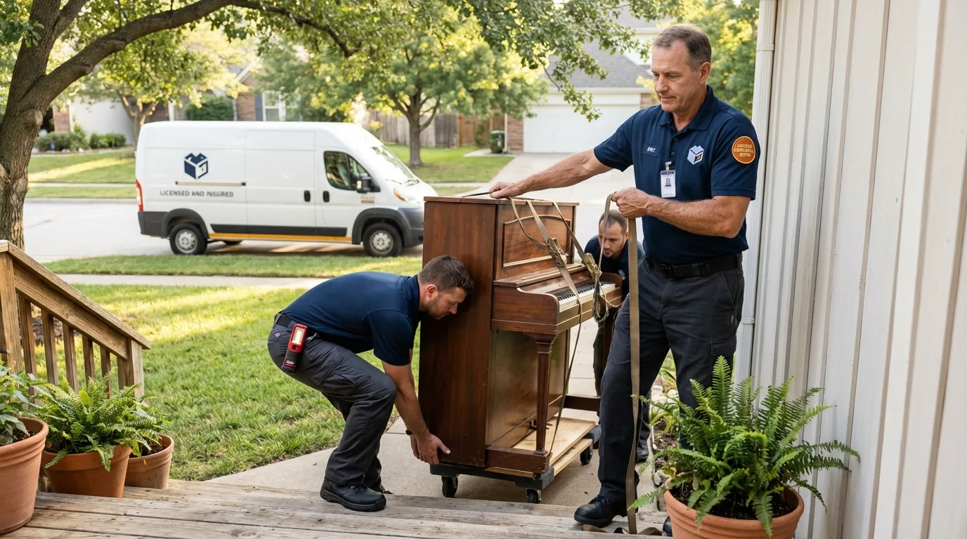 Licensed piano movers securing grand piano in Wauseon, OH