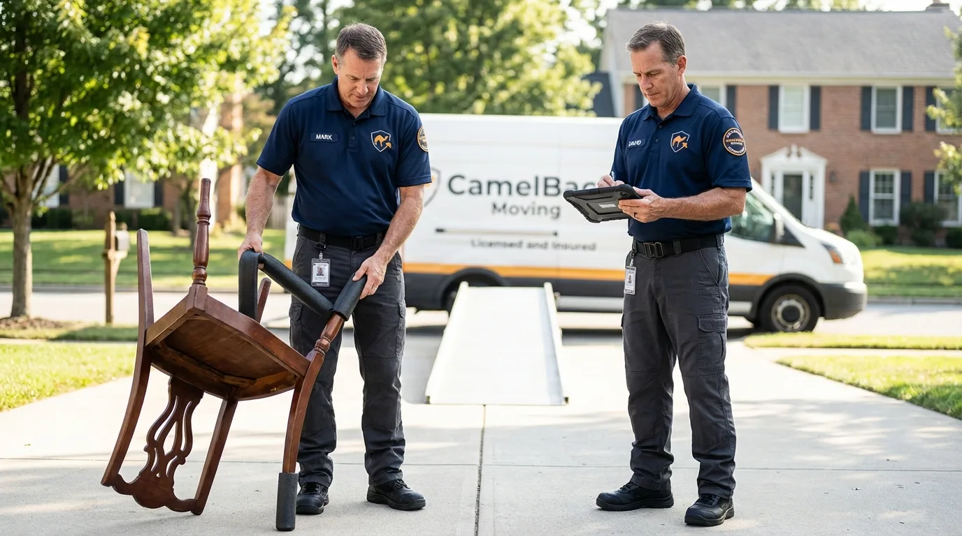 Movers inspecting furniture for damage prevention before loading in Wauseon, OH