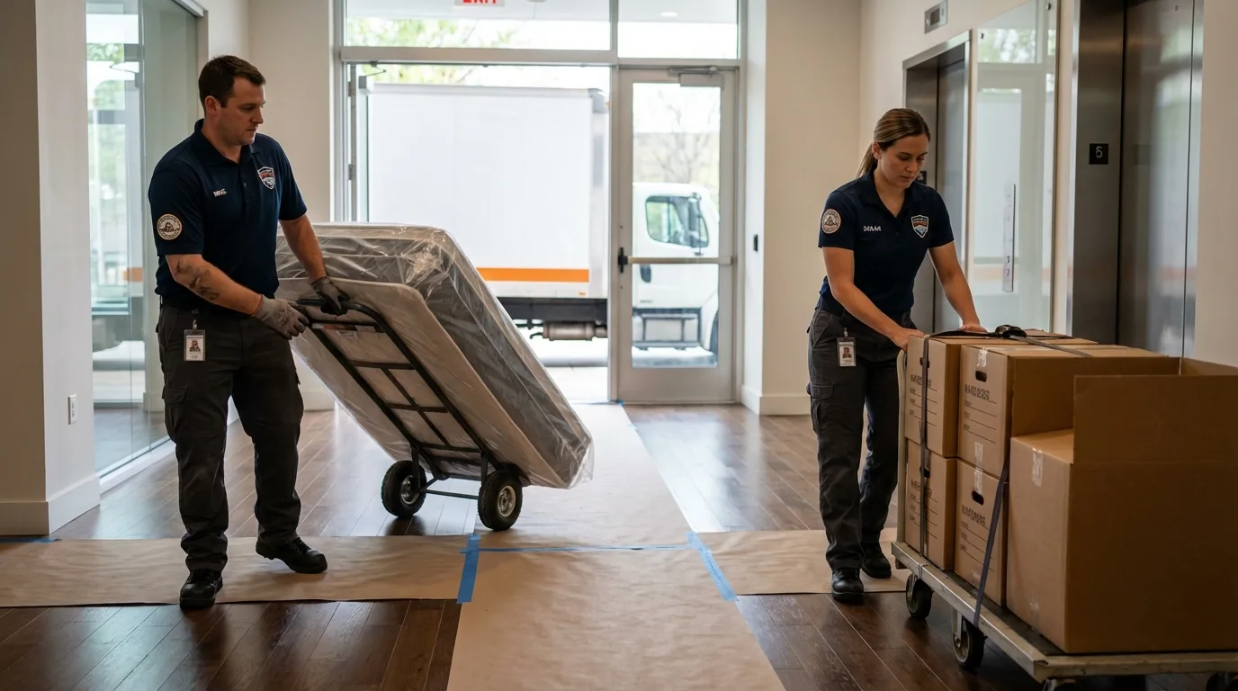 Professional apartment movers loading elevator in Wauseon, OH